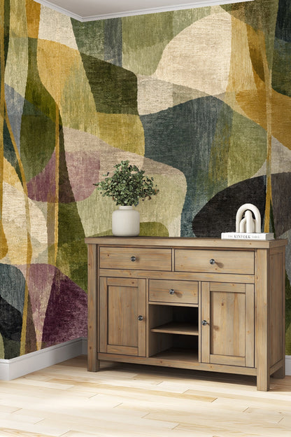 Bedroom wall featuring Midcentury Grove Wallpaper with olive pillows and pampas grass.