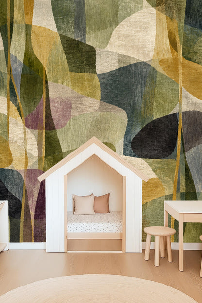 Bedhead wall showcasing layered translucent organic shapes wallpaper.