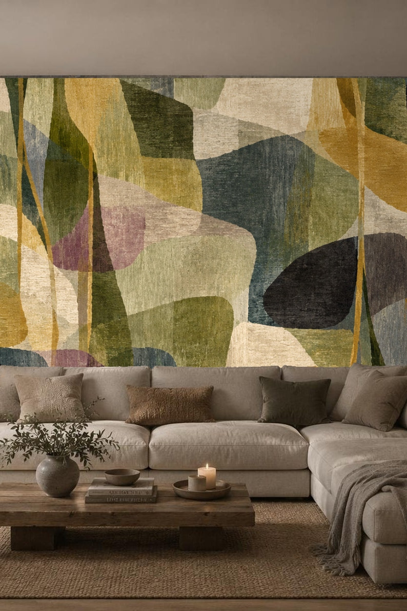 Abstract wallpaper with overlapping olive, gold, and muted shapes.