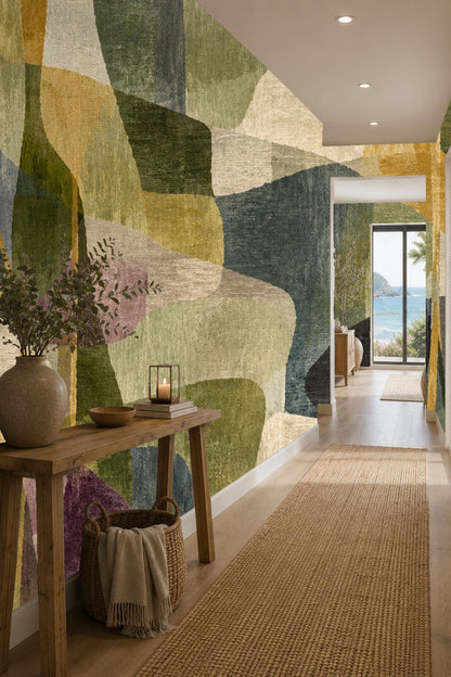 Detail of texture and layered color blocks in Midcentury Grove Wallpaper.