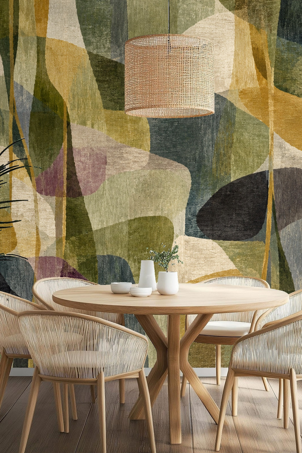 Muted plum and black shapes among olive and gold in textured wallpaper.