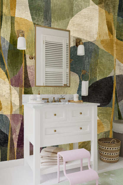 Textured abstract wallpaper mural with soft vertical lines in earth tones.