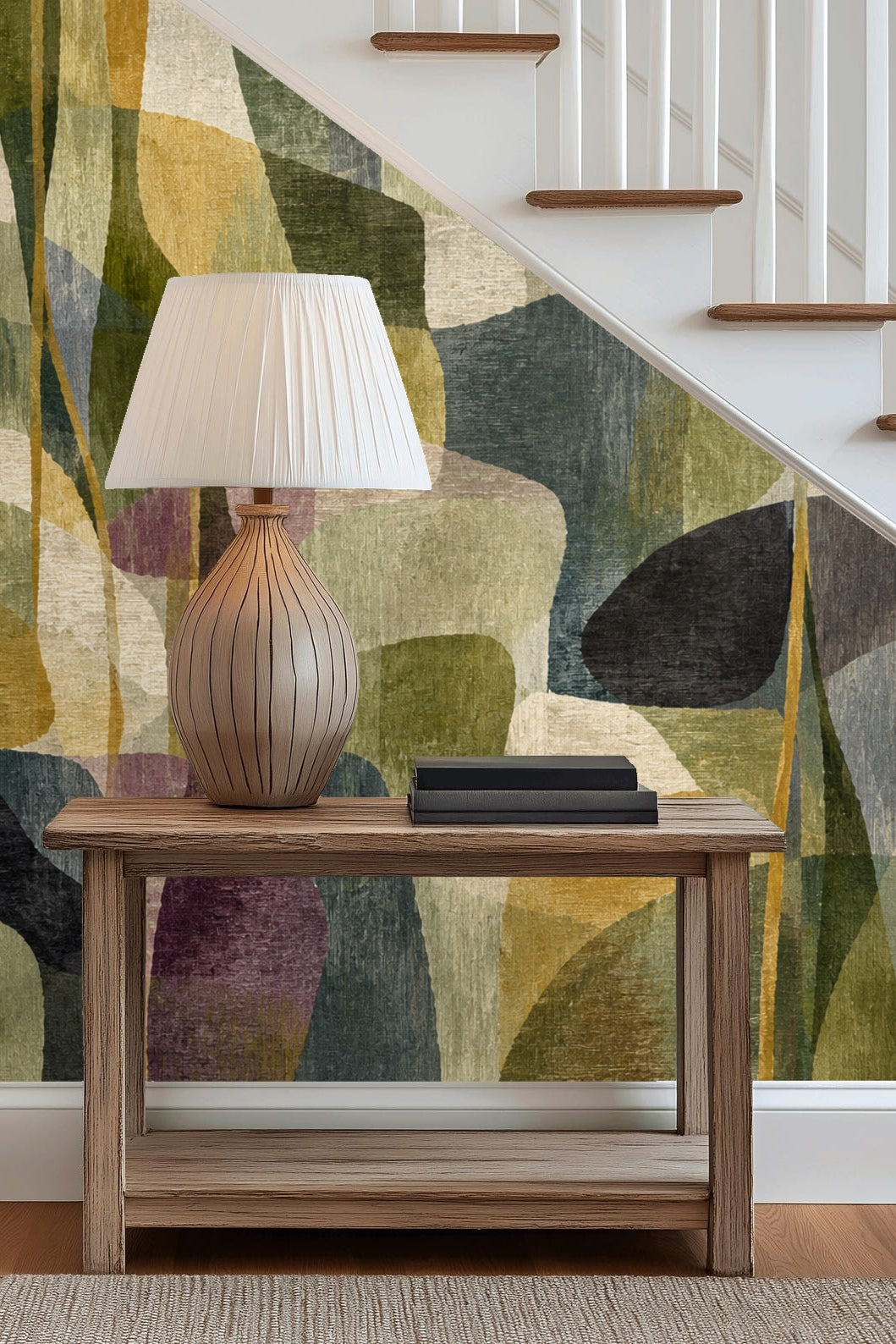 Natural woven rug with Midcentury Grove Wallpaper background in living space.