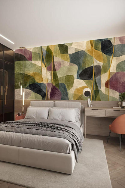 Close-up of painterly vertical and organic shapes in olive and muted gold hues.