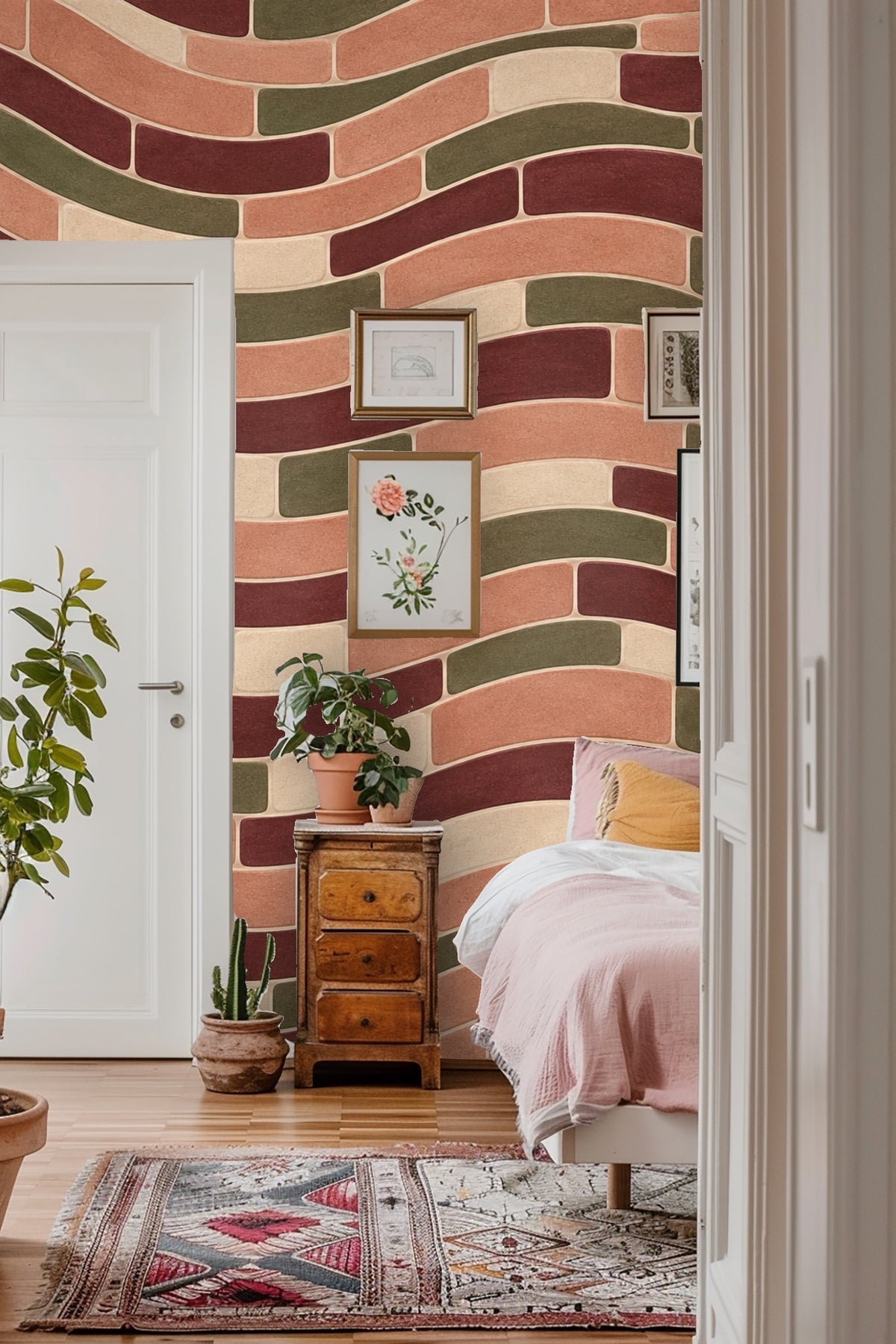 Living room wall with flowing horizontal waves in mixed warm colors.