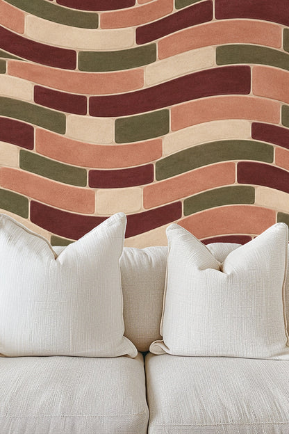 Abstract wave-patterned wallpaper in terracotta, burgundy, olive, and beige colors.