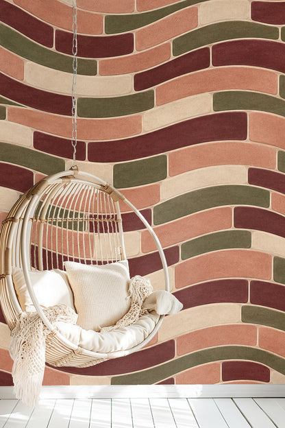 Wall mural segment with stacked curved waves in earthy hues.