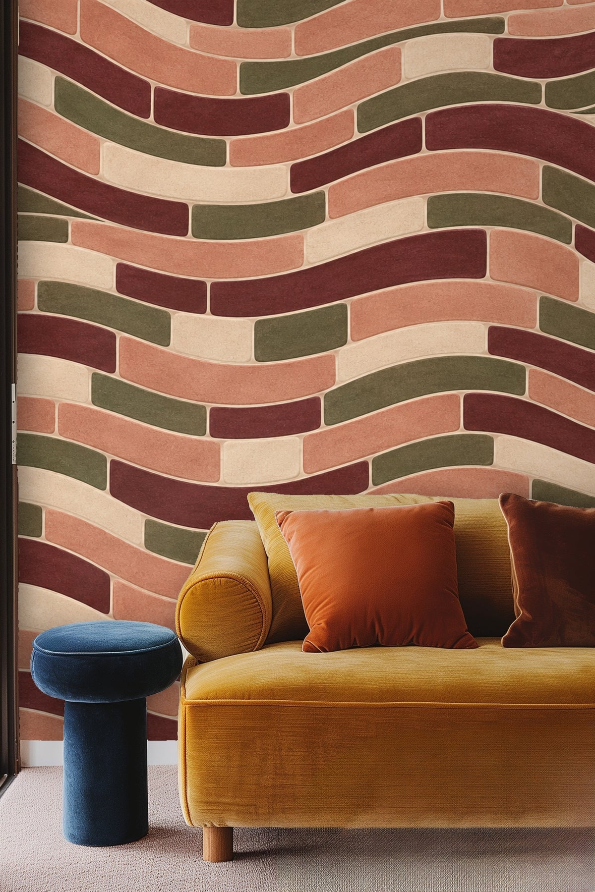 Close-up of curved brick motif in warm olive and rusty shades.
