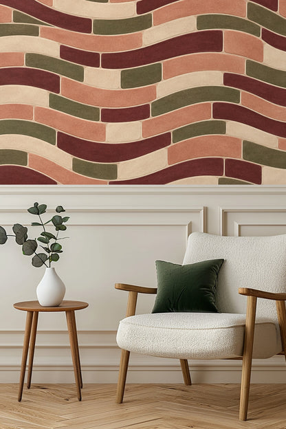 Bedroom corner with nightstand and lamp against terracotta wave tile wallpaper.
