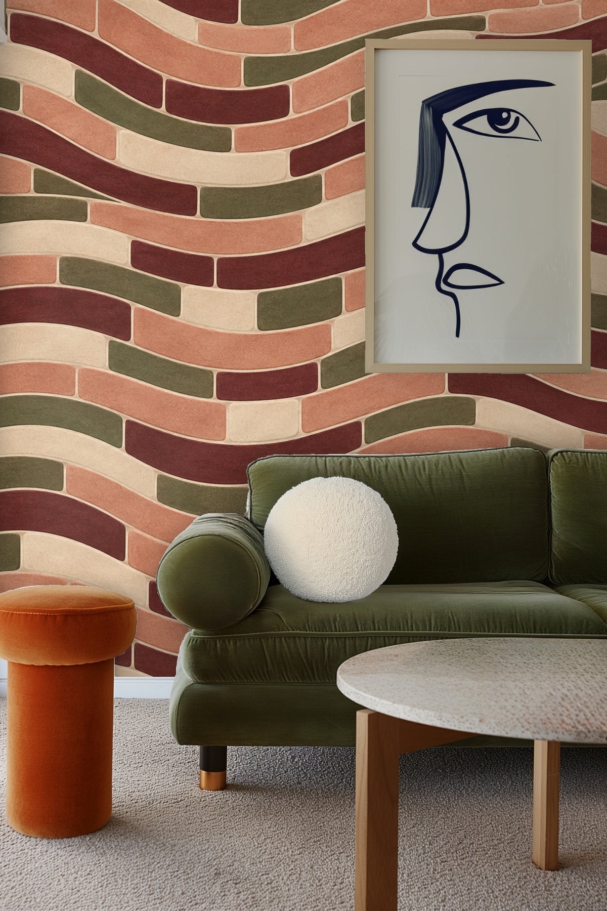 Pattern repeat detail of wavy elongated tiles in natural tones.