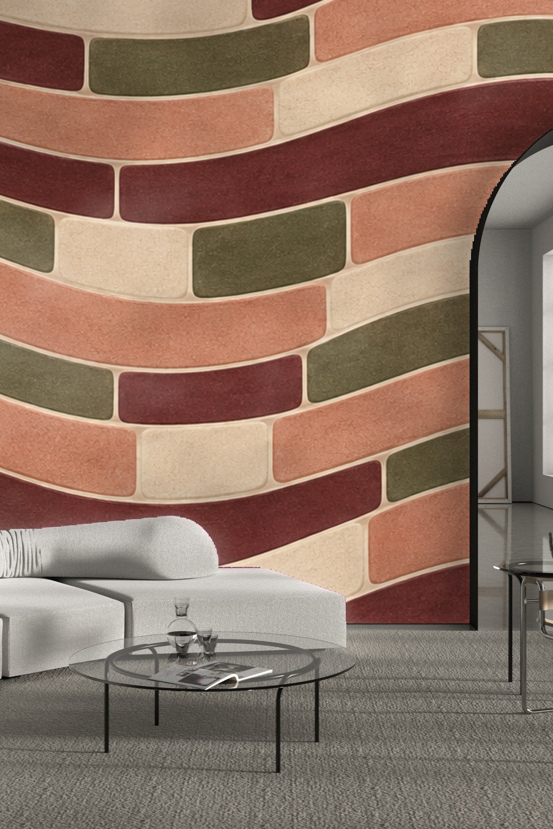 Interior room with terracotta and olive wave tile wallpaper as backdrop.