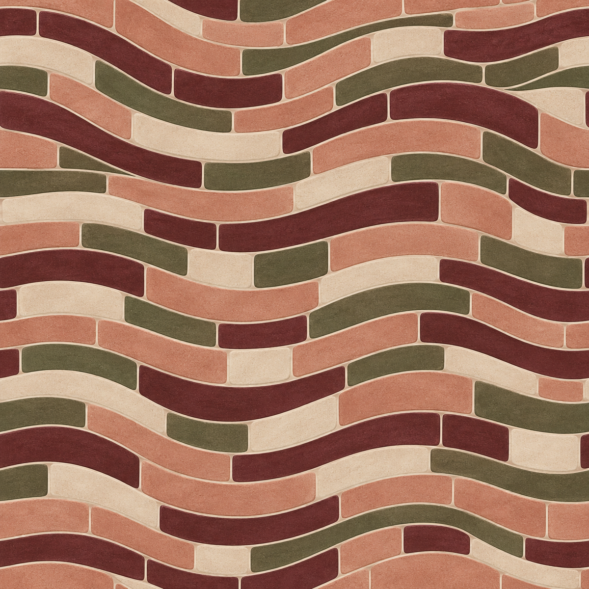 Decorative wallpaper pattern mixing terracotta, beige, olive, and burgundy hues.