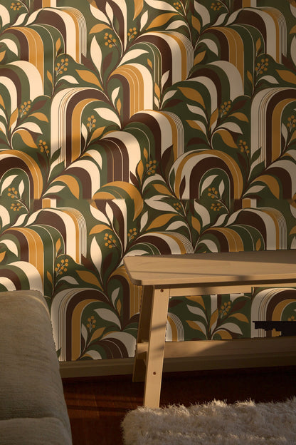 Artistic pattern illustrating rhythmic vertical arcs and sprigs of leaves with subtle shading.