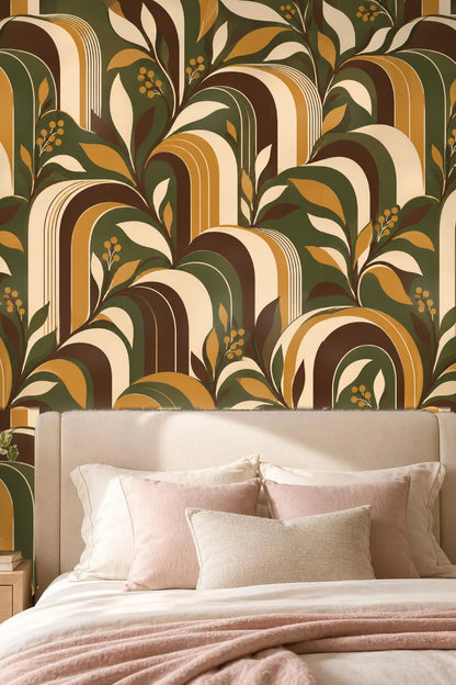 Modern wallpaper design integrating retro-inspired arches and natural motifs in autumnal palette.