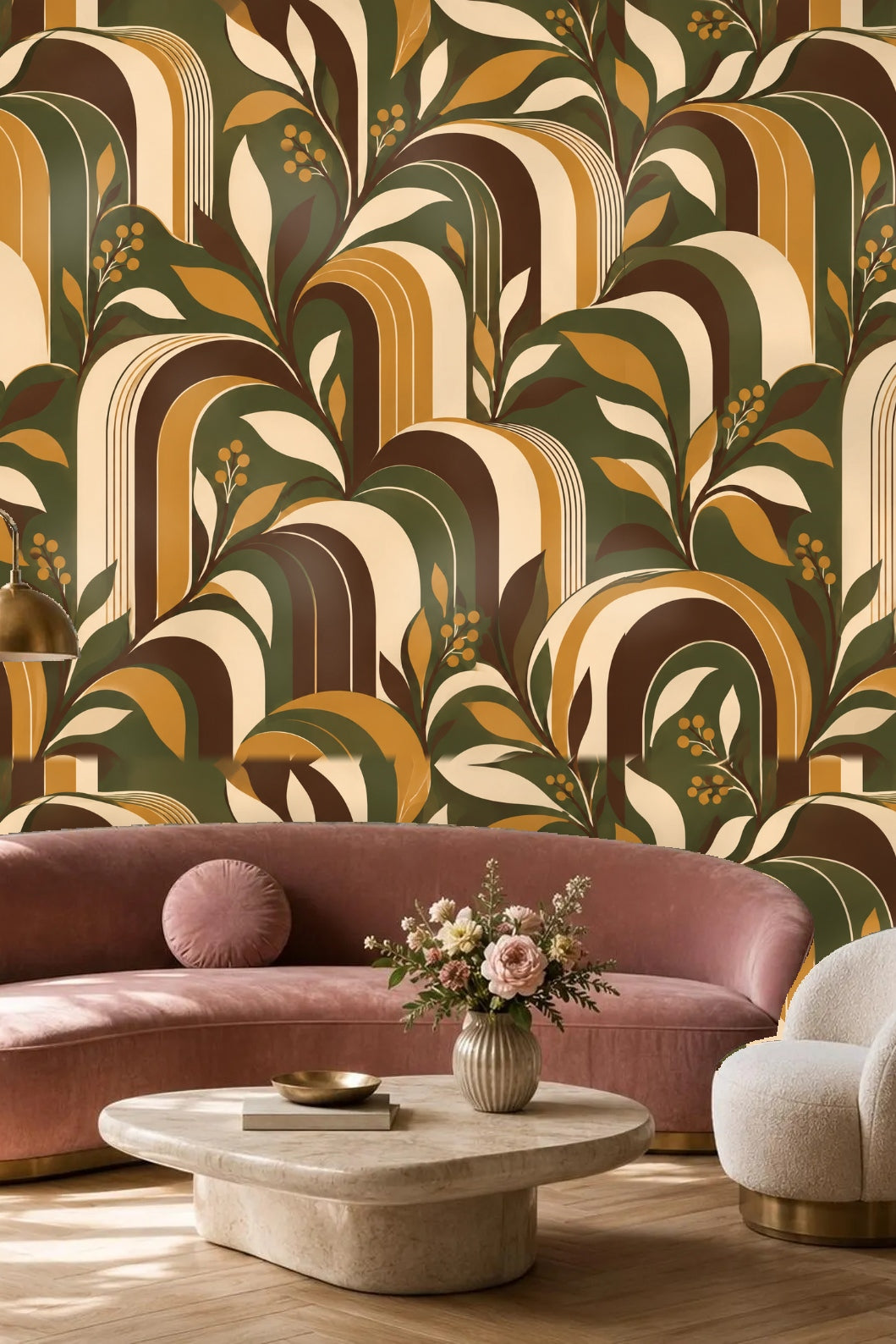 Warm-toned wallpaper pattern featuring overlapping arches and delicate botanical sprigs with vibrant contrasts.