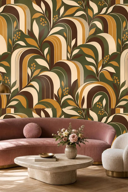Warm-toned wallpaper pattern featuring overlapping arches and delicate botanical sprigs with vibrant contrasts.