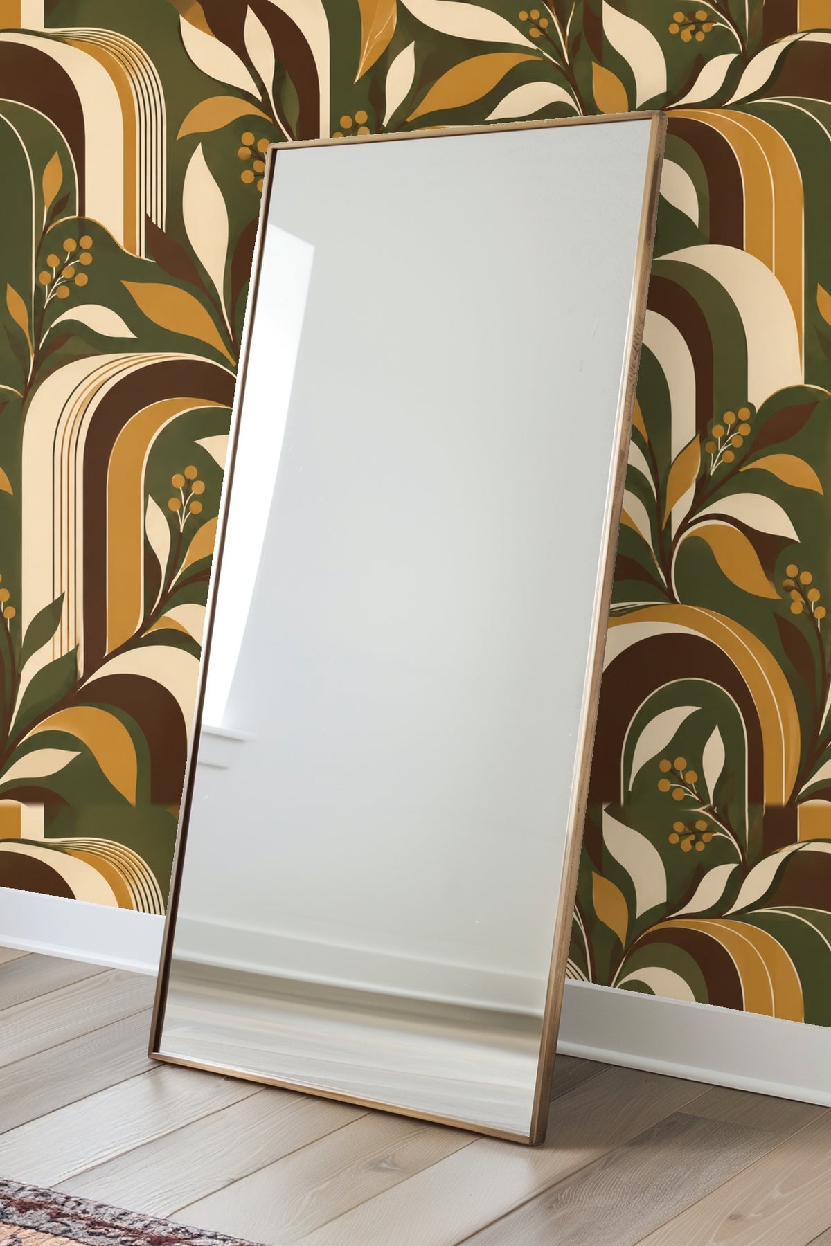 Close-up of layered arch shapes in olive, mustard, cream, and dark brown with botanical elements on wallpaper.