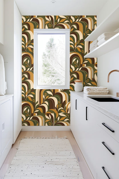 Section of wallpaper emphasizing repeating curved stripes and leaf sprigs in earth tones.
