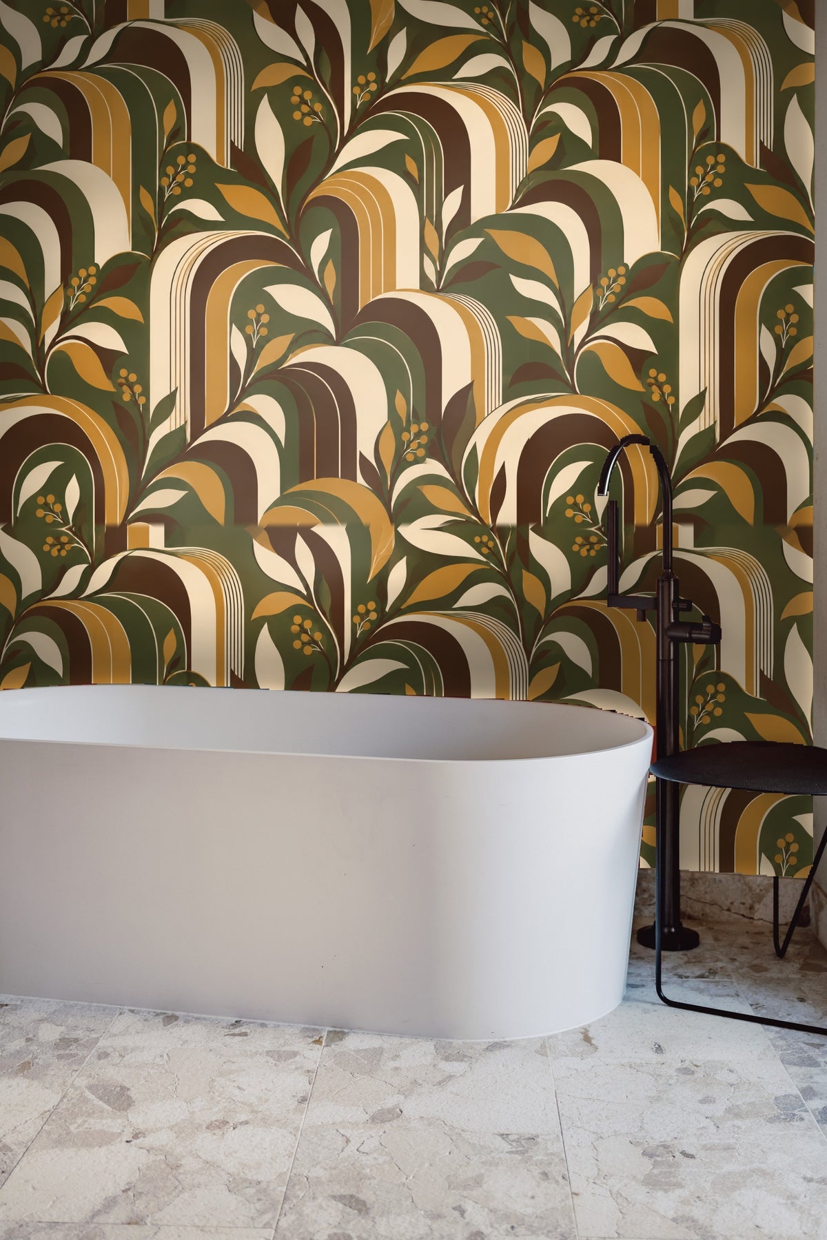 Pattern detail showing fine line accents along arches combined with stylized leaves and berries.