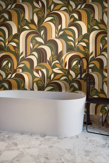Pattern detail showing fine line accents along arches combined with stylized leaves and berries.