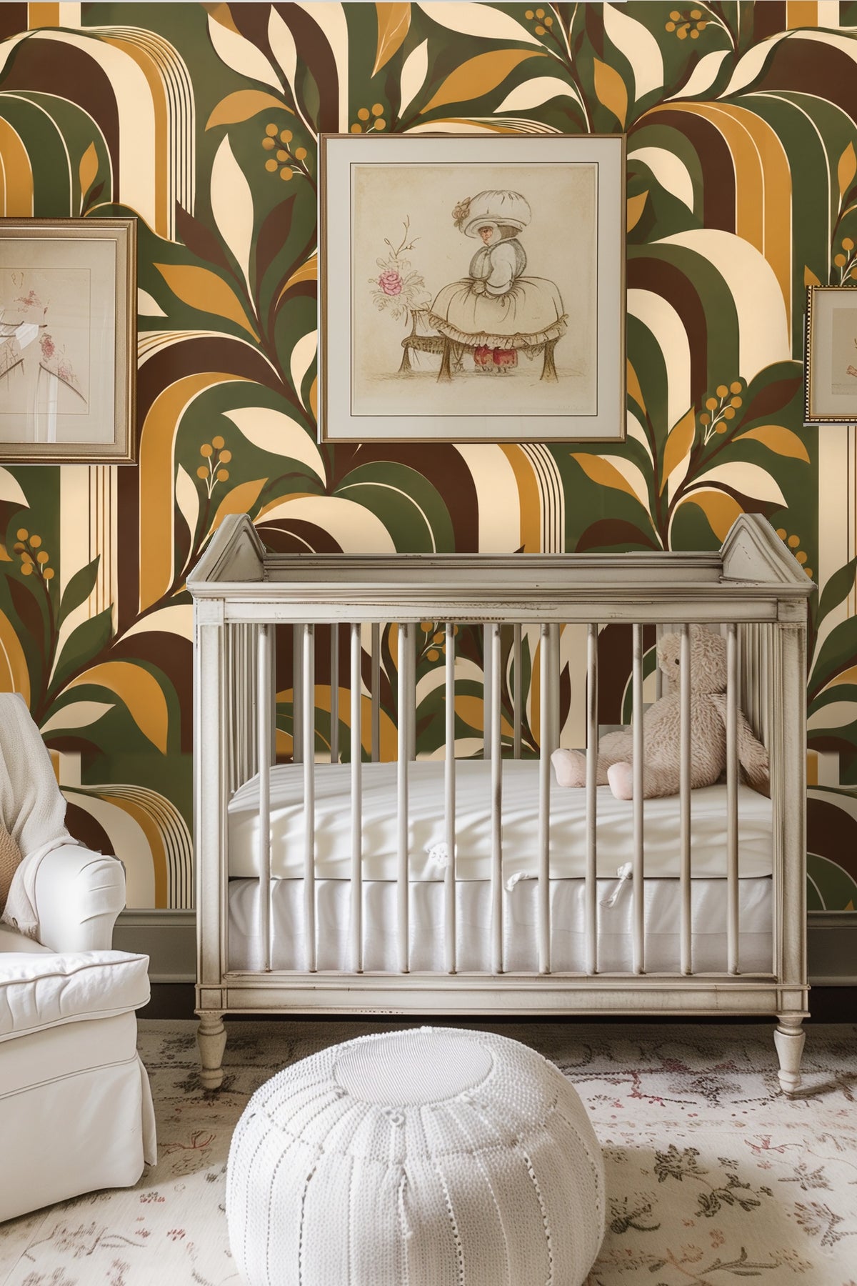 Living space showcasing a section of Retro Foliage Arches wallpaper behind a round wooden coffee table and cream sofa, highlighting pattern 