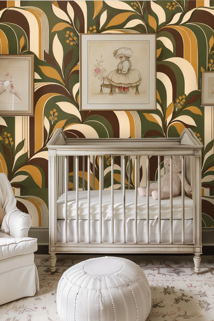 Living space showcasing a section of Retro Foliage Arches wallpaper behind a round wooden coffee table and cream sofa, highlighting pattern 
