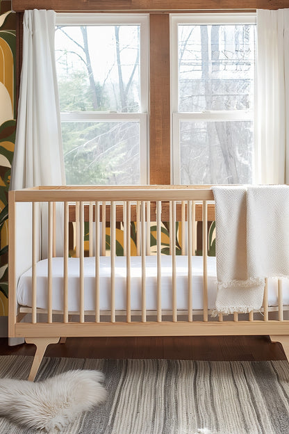 Decorative wallpaper print composed of arches in mustard and brown hues intertwined with simple leaf shapes.