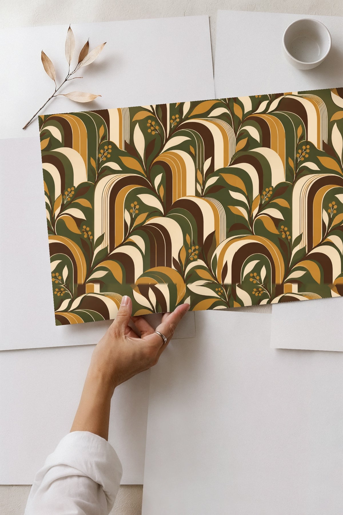 Interior shot of wallpaper with tall arching forms and clustered berries providing depth and warmth.