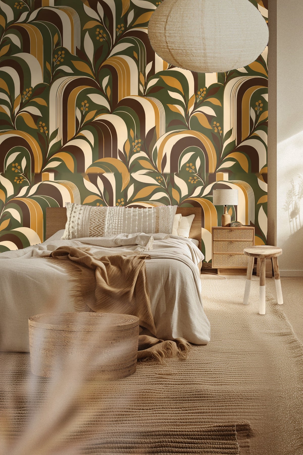 Detailed view of Retro Foliage Arches wallpaper showing olive green, ochre, cream, and brown curved stripes with stylized leaf motifs.
