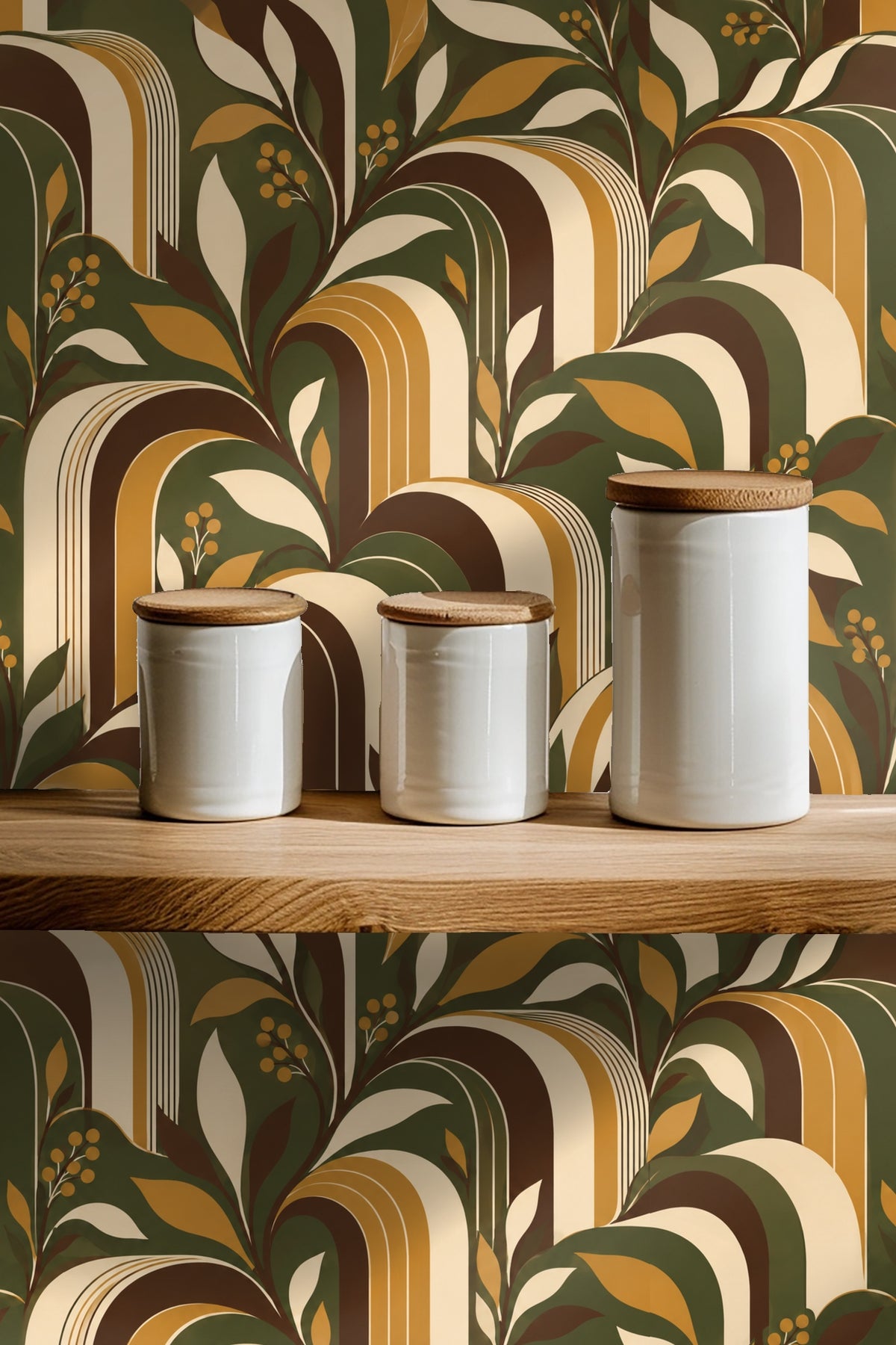 Wallpaper composition blending geometric arches and organic foliage in muted green and golden brown.