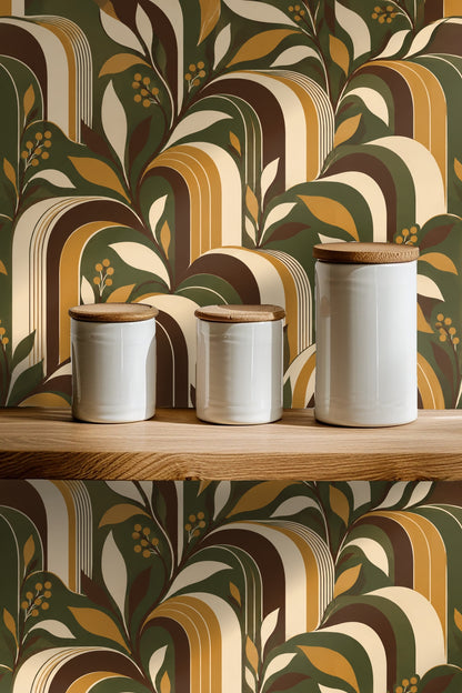 Wallpaper composition blending geometric arches and organic foliage in muted green and golden brown.
