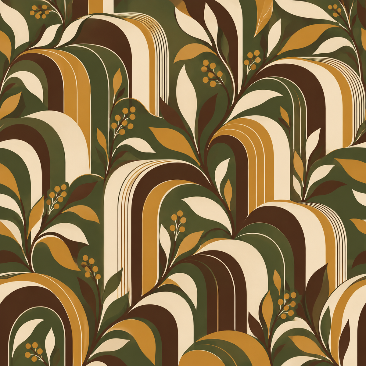 Stylized retro wallpaper section with harmonious mix of curved lines and botanical accents in olive and gold tones.
