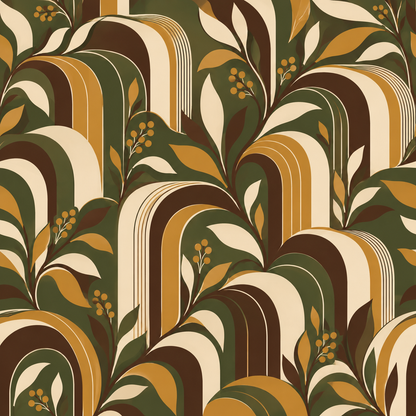 Stylized retro wallpaper section with harmonious mix of curved lines and botanical accents in olive and gold tones.
