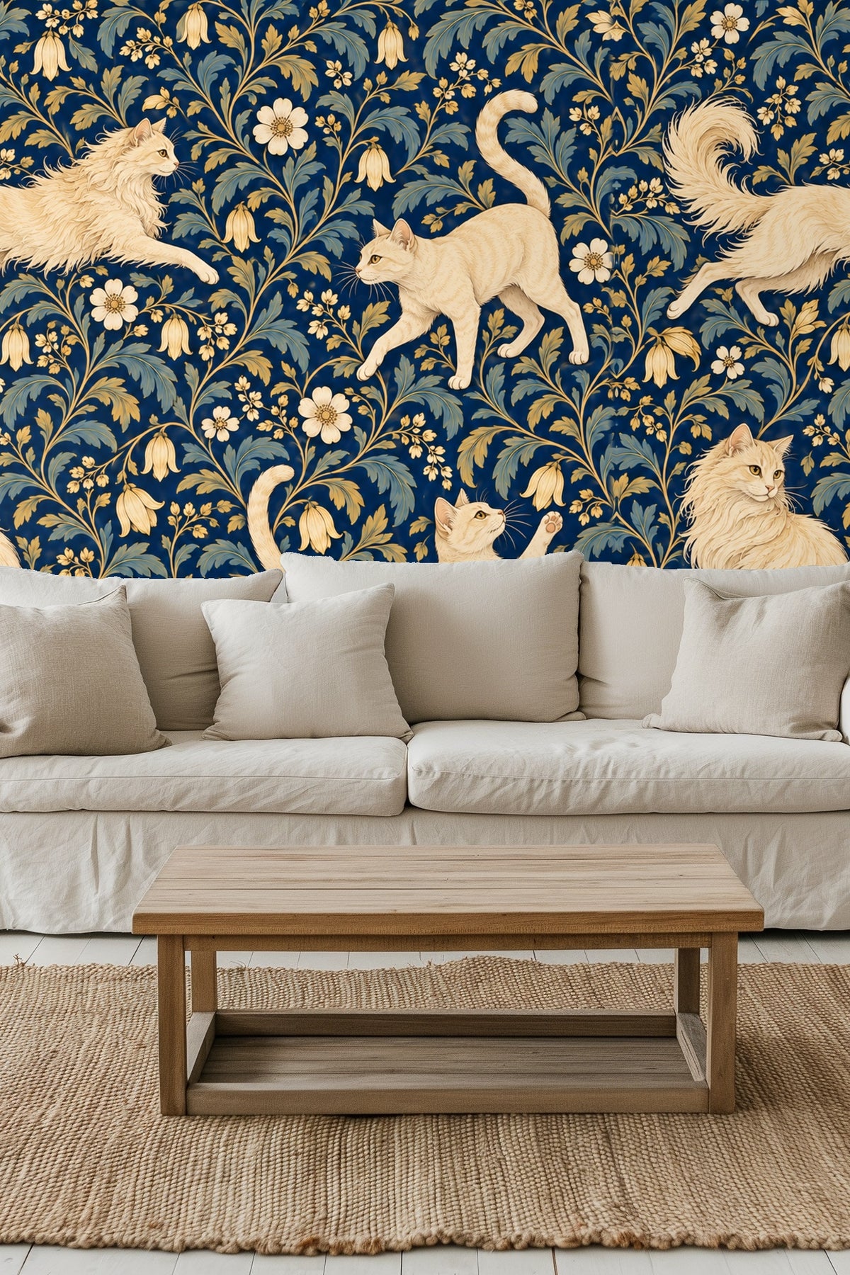Classic-style floral wallpaper with cream cats and gold accents
