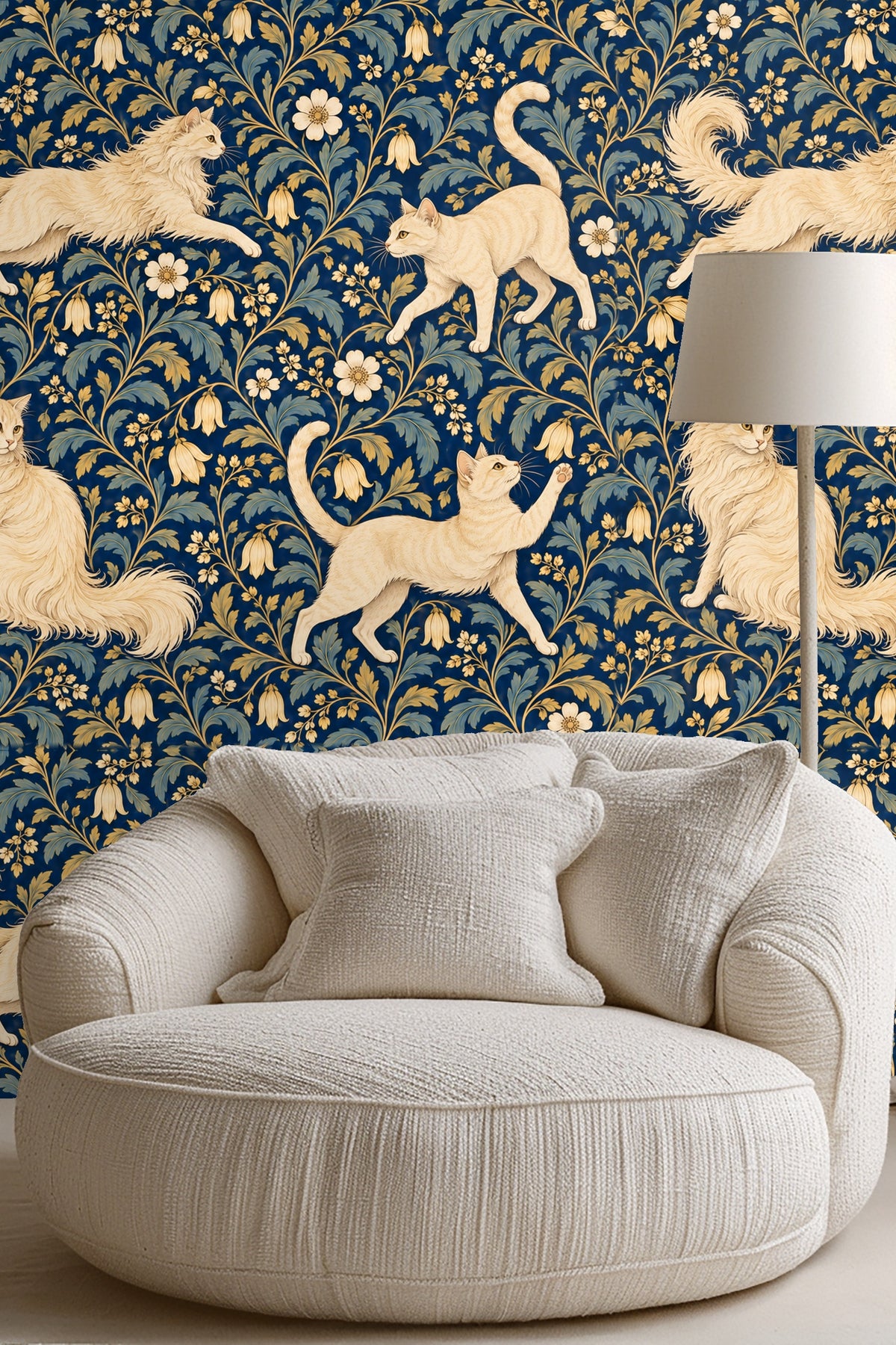 Detailed view of cream-colored cats and floral motifs on dark blue wallpaper