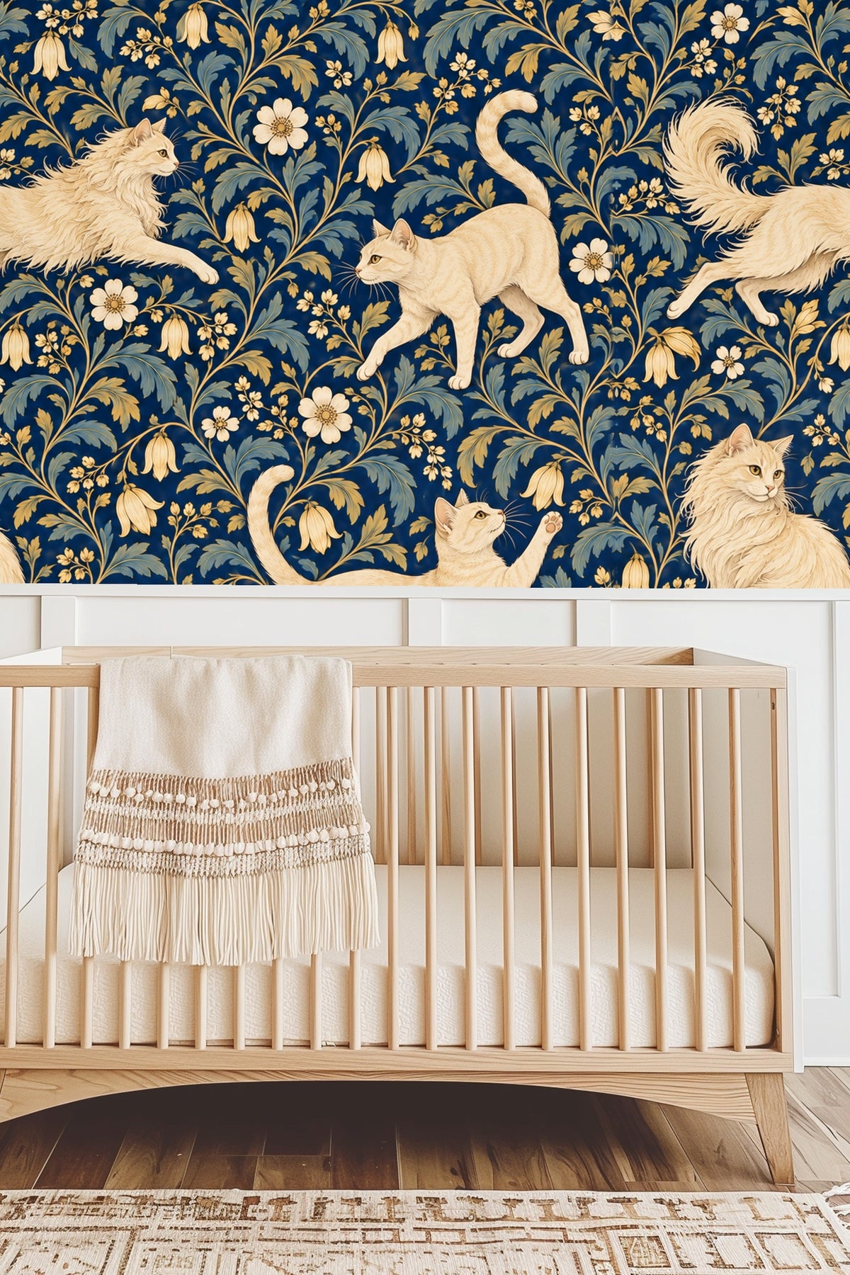 White flower clusters and cream bellflowers on navy background