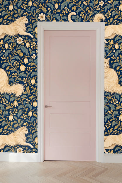 Tail of a cream cat curled among stylized blue leaves