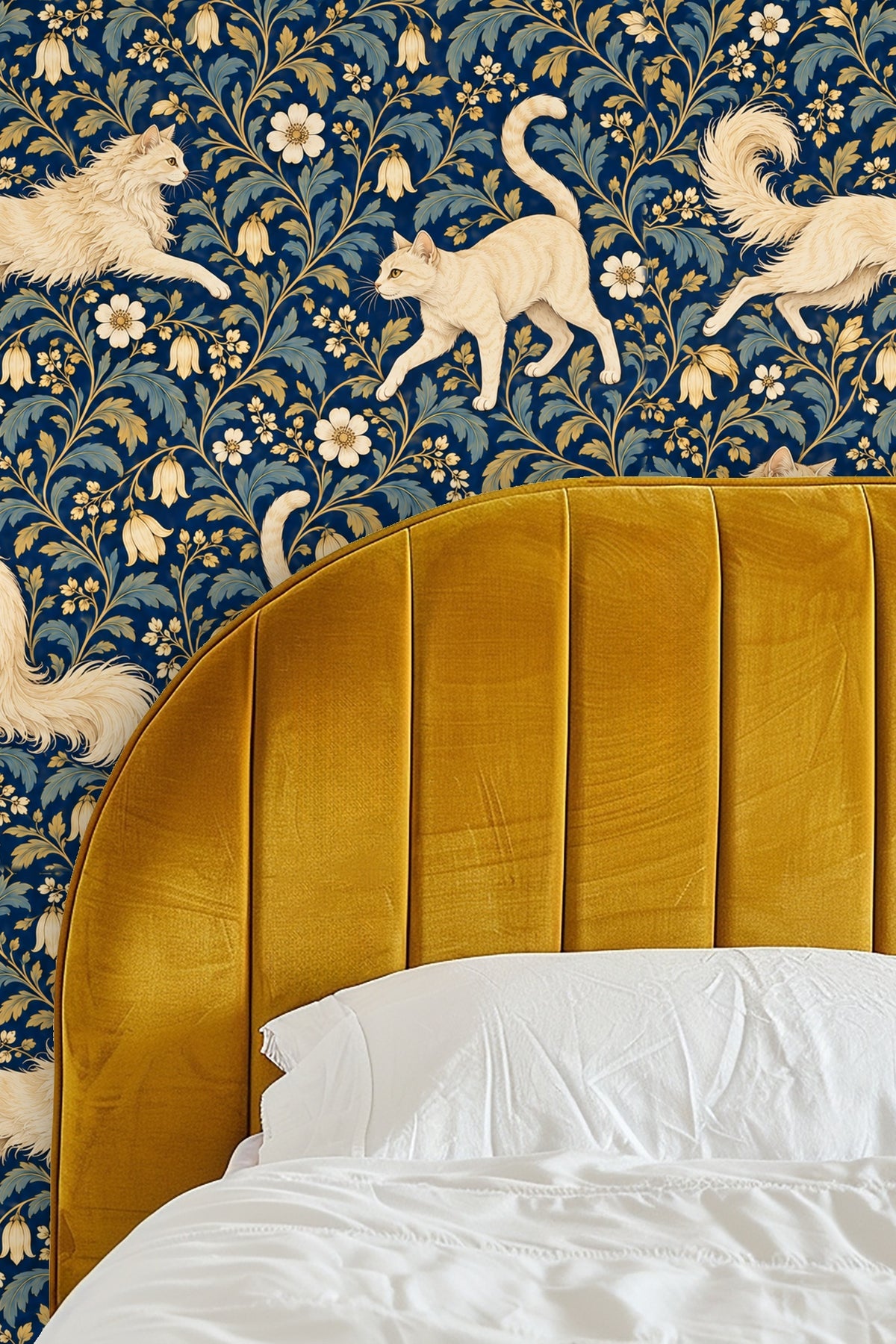Bedroom with mustard yellow velvet headboard and cat floral wallpaper