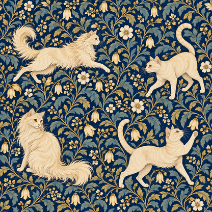 Pattern repeat showing multiple cats and large floral clusters