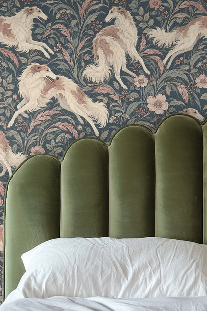 Living room wall covered in Borzoi dog wallpaper with leather armchair and marble side table