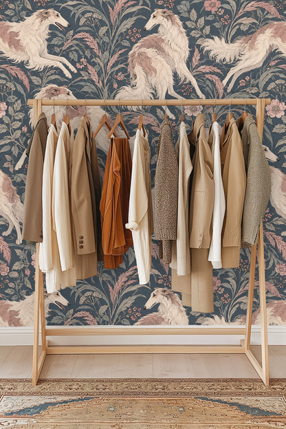 Section of wallpaper showing Borzoi dog standing amidst wild flora