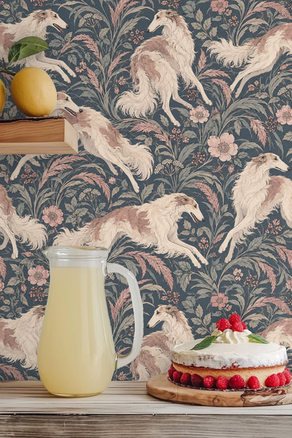 Pattern repeat showing multiple Borzoi dogs and flowers