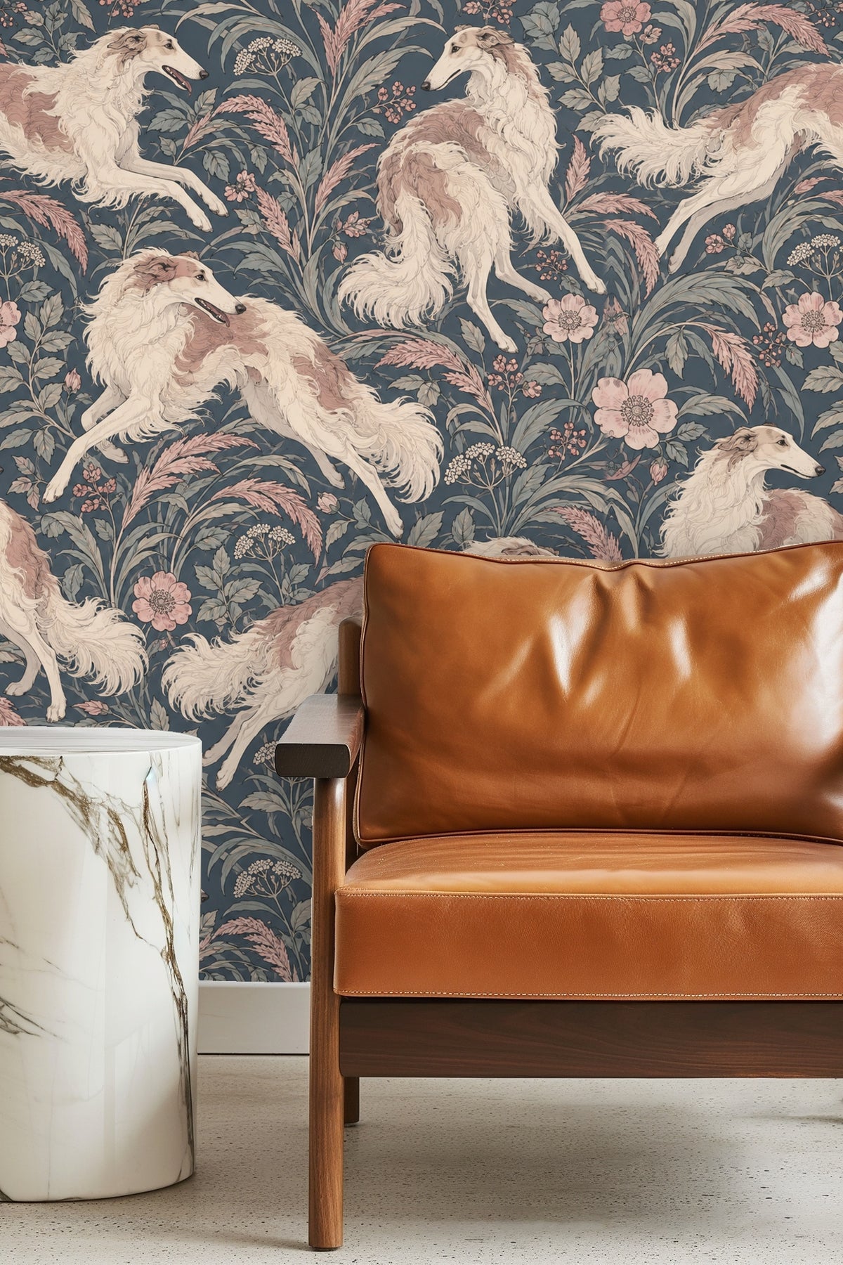 Bathroom wall with Borzoi dog wallpaper behind an open wood medicine cabinet