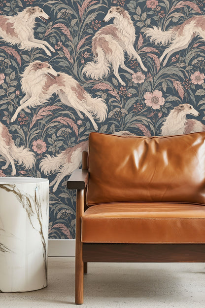Bathroom wall with Borzoi dog wallpaper behind an open wood medicine cabinet