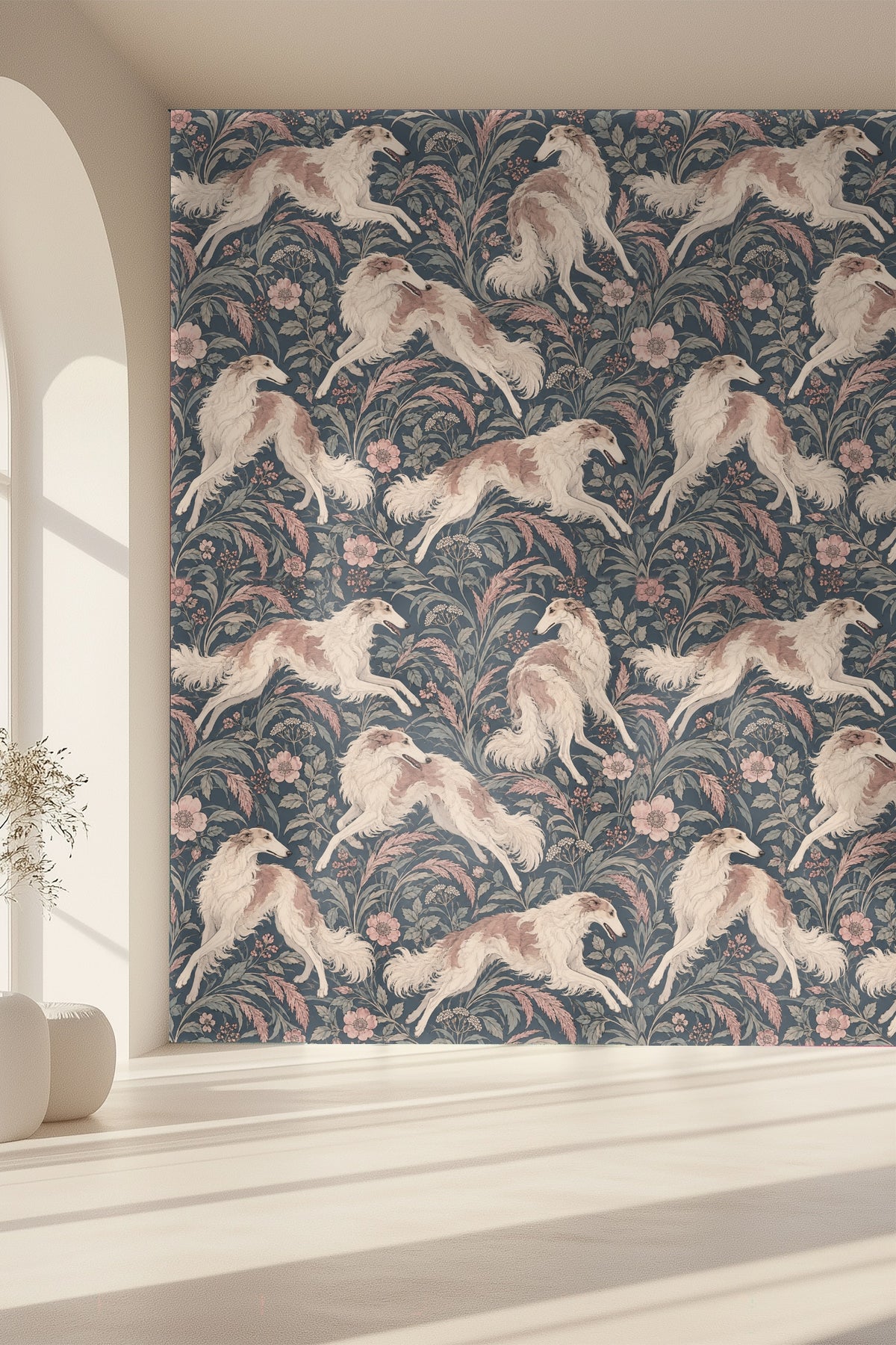 Botanical motifs featuring pink flowers and leaves on blue ground