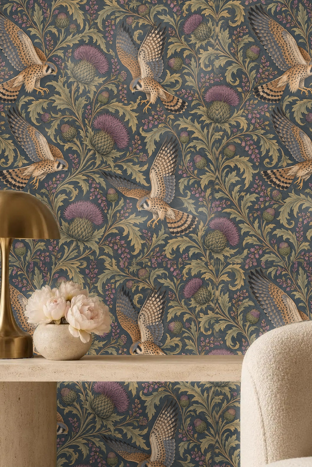Large thistle blossoms amid curling leaves in wallpaper design