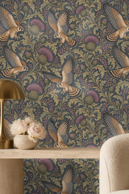 Large thistle blossoms amid curling leaves in wallpaper design