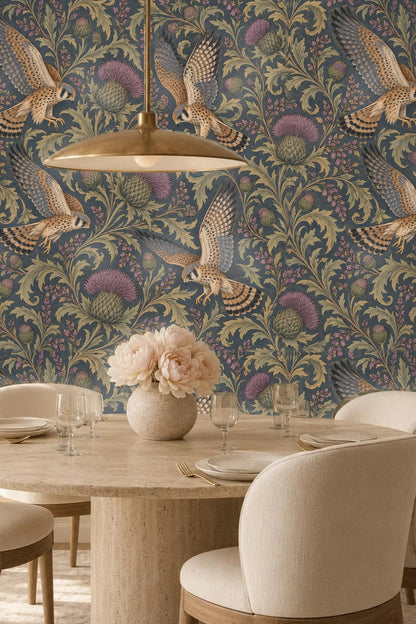 Overall wallpaper repeat displaying the full bird and thistle pattern