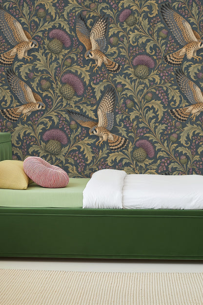 Pattern showing balanced composition of birds and botanical elements