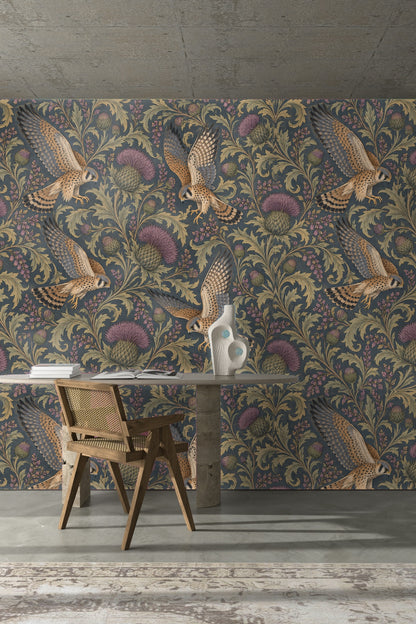 Close view of thistle flower and foliage drawings on wallpaper